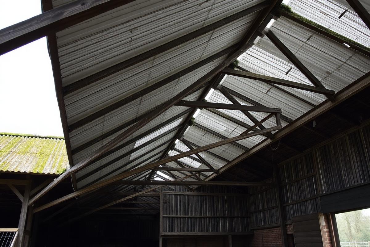 Oud vezelcement dak van een schuur met houten dakstructuur
